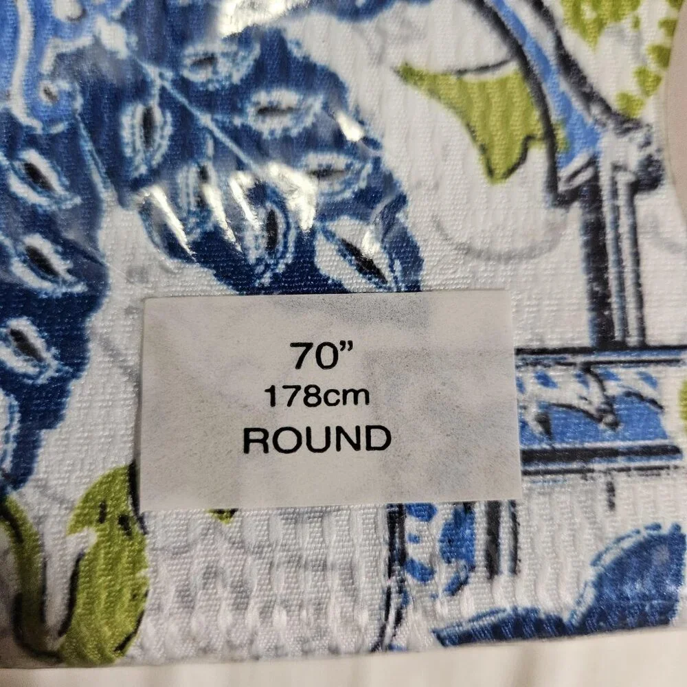 Round Tablecloth Linen 70in Porto Green Blue Floral Microfiber Wipe Clean Dining